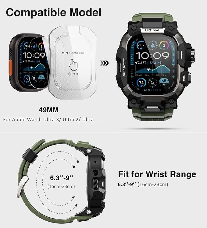 ULTIMAL Rugged Case with Band for Apple Watch 49mm,Compatible with Apple Watch Ultra 3/2/1, Military Grade Shockproof Bumper Cover for iWatch Tactical Band Men (Army Green, 49mm)