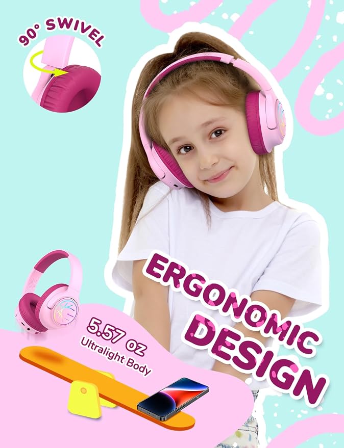 iClever Kids Bluetooth Headphones with LED Lights, BTH18 Safe Volume 74/85dBA, 43H Playtime, Bluetooth5.3 Kids Headphones Wireless Aux Cord for iPad/Tablet/Travel/School, Blossom Pink