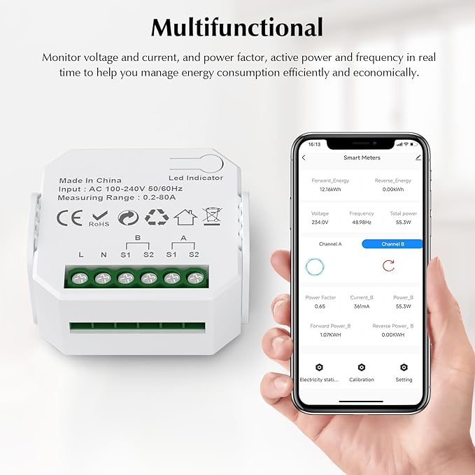 eMylo 1-Channel WiFi Power Meter 80A Smart Energy Monitor, Clamp-on Ammeter, 2.4GHz WiFi, Real-time Monitoring, Smart Life/TUYA APP, Home Power Monitor, Compatible with Alexa and Google Assistant