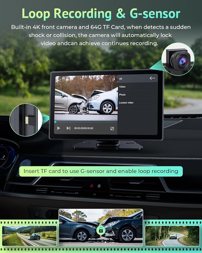 Carplay Screen for Apple CarPlay & Android Auto for Car with 4K Dash Cam,Backup Camera,Portable 9" HD IPS Screen for Car,GPS Navigation,Bluetooth,AirPlay,AUX/FM for All Vehicles