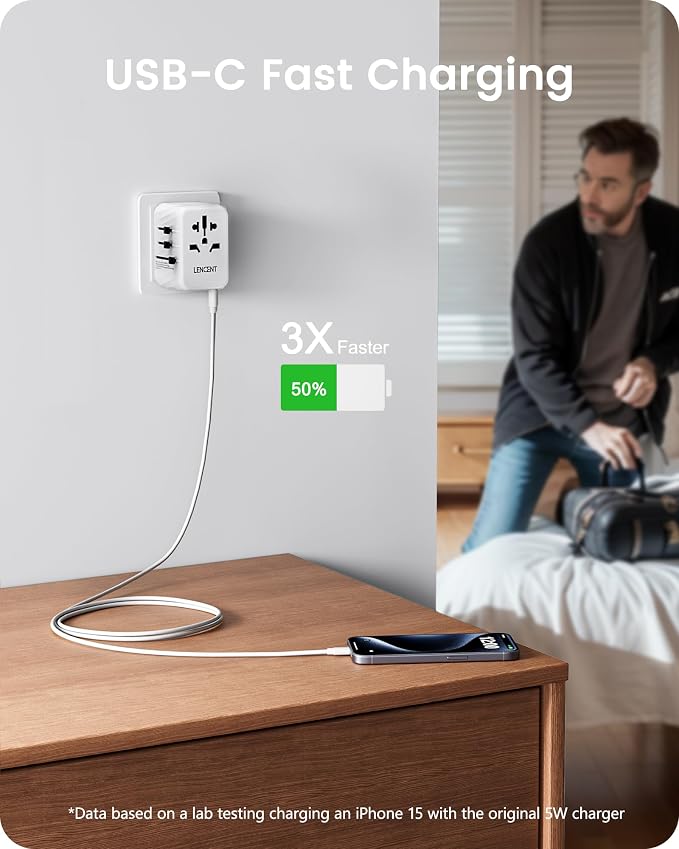 LENCENT Universal Travel Power Adapter, International AC Plug Adaptor with 5.6A 3 USB C 2 USB A Ports Wall Charger Worldwide Travel Essentials for US to EU UK Ireland Australia (Type C/G/A/I) White