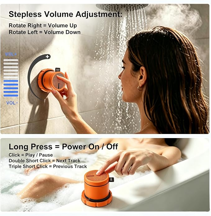 EWA Shower Speaker, Magnetic Portable Bluetooth Speaker with Phone Stand,Metal Portable Wireless Mini Speakers Waterproof with Rotary Control,for Bathroom Gym Home, Birthday Gifts (Orange)