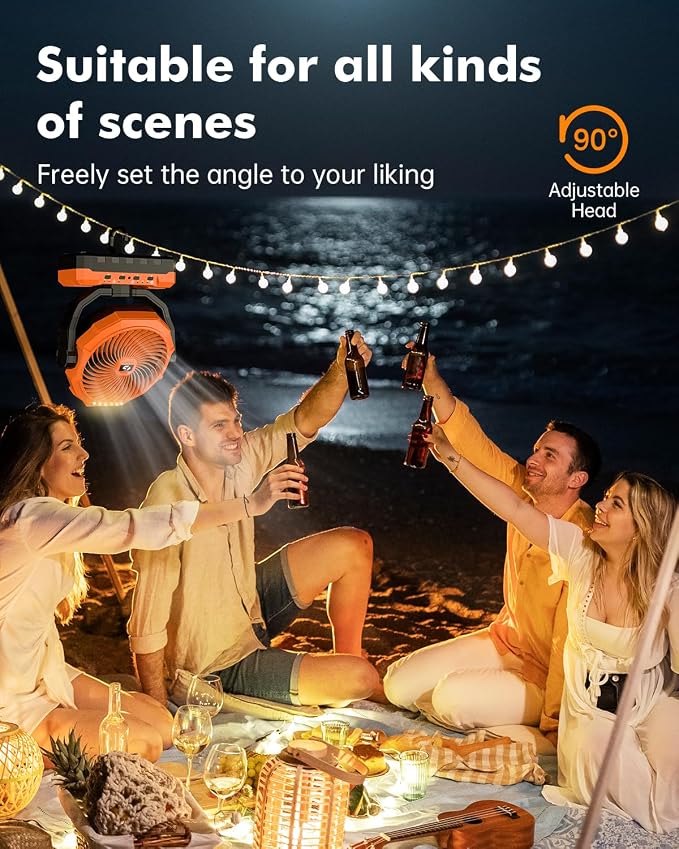 3-in-1 Camping Fan - 36000mAh Detachable Portable Fan Rechargeable with Light & Hook, Battery Powered Fans for Outdoor, Indoor, Tent, Fishing, Travel, Hurricane, Summer Gifts for Men - Orange