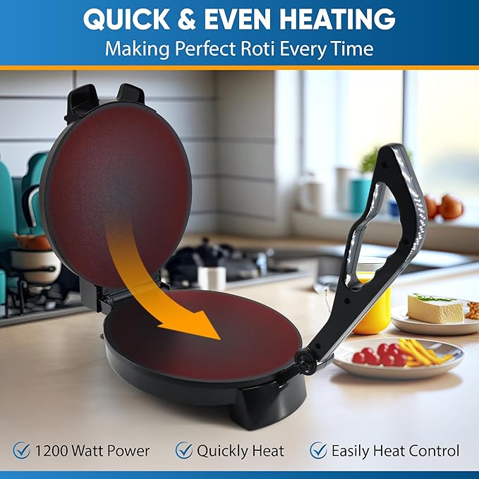 10inch Roti Maker by StarBlue with FREE Roti Warmer and Removable Handle - The automatic Stainless Steel Non-Stick Electric machine to make Indian style Chapati, Tortilla, Roti AC 110V 50/60Hz 1200W