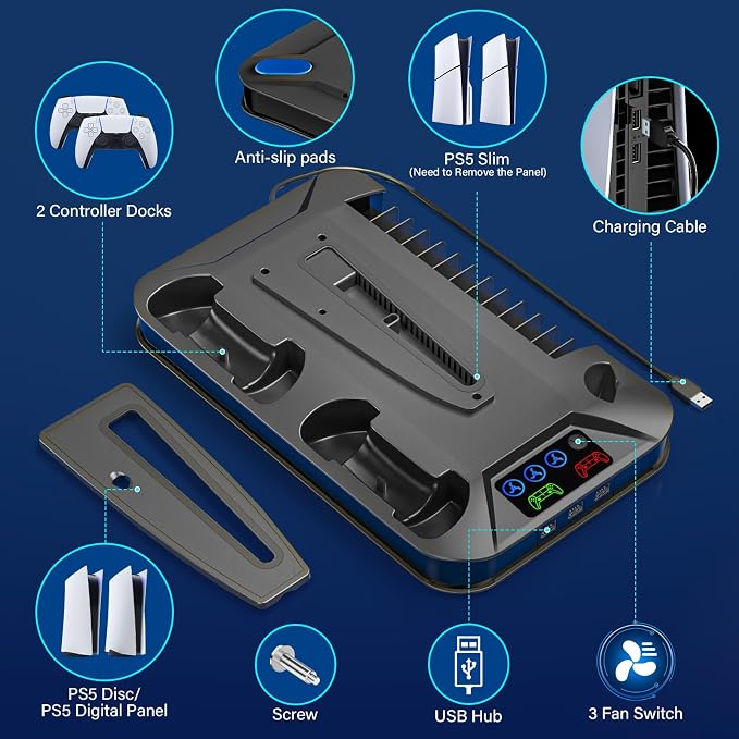 Cooling Station Console for Playstation PS5/Slim/Pro, Stand with Controller Charging Station for Playstation Console Playstation 5 Slim&Standard Disc/Digital Console, Cooler Accessories for PS5 Incl Cooling Fan/3 USB Hubs