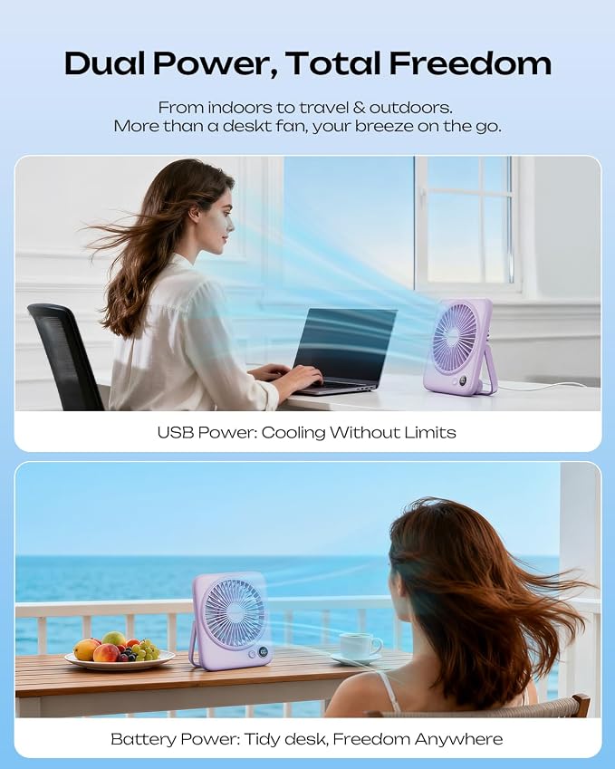 Otlonpe 2 Pack Portable Desk Fan 6.5 Inch, 4000mAh Rechargeable Battery Operated & USB Powered, 23Hrs Cordless Small Personal Travel Fan 4-Speed Quiet for Office Home Sleeping, Led Display, Foldable