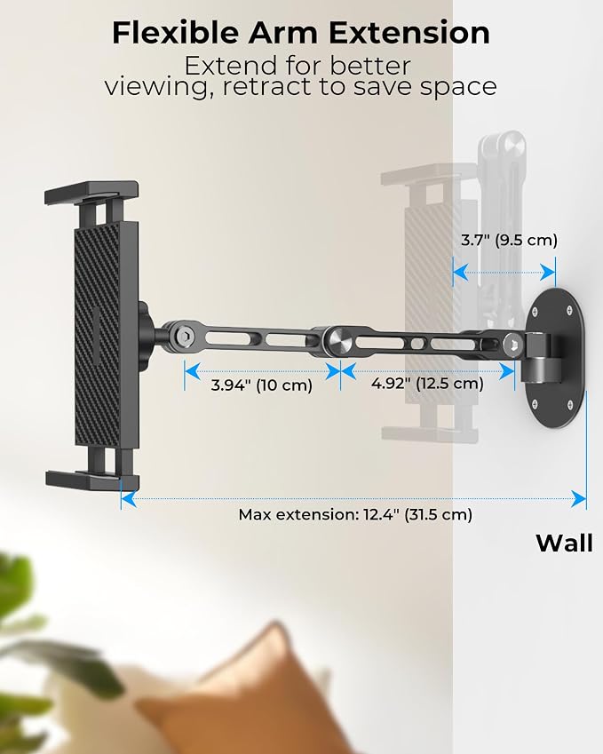 iPad Wall Mount Holder, Heavy Duty Aluminum Tablet Wall Mount, Full Motion Tilt & Swivel Base, Adjustable Foldable for Kitchen, Gym, Fits iPad Pro Air Mini, Galaxy Tab, 4.7-13" Phones & Tablets, Black