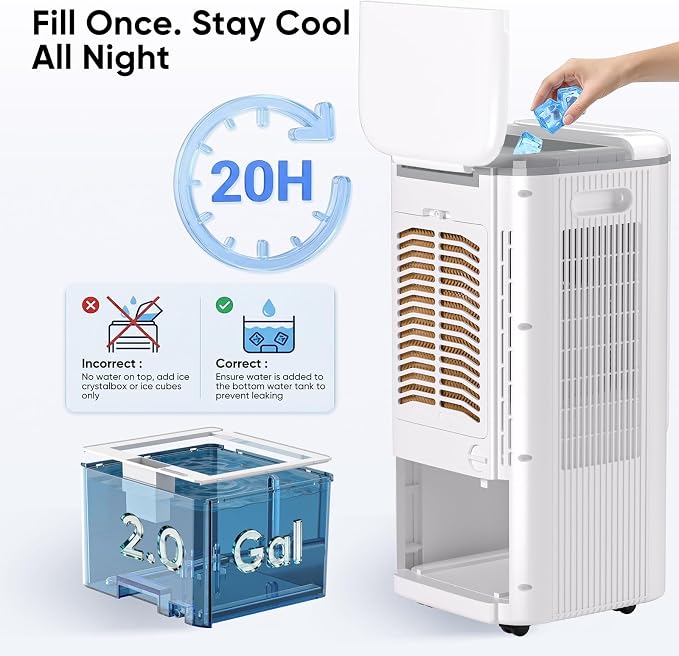 Windowless Portable Air Conditioners Fan, Evaporative Air Cooler 3 Modes & 3 Speeds, 2-Gal Tank for 20H Cooling,12H Timer for Smart Auto-off, 16FT Remote,No Hose Needed,38db Swamp Cooler FK2508Y