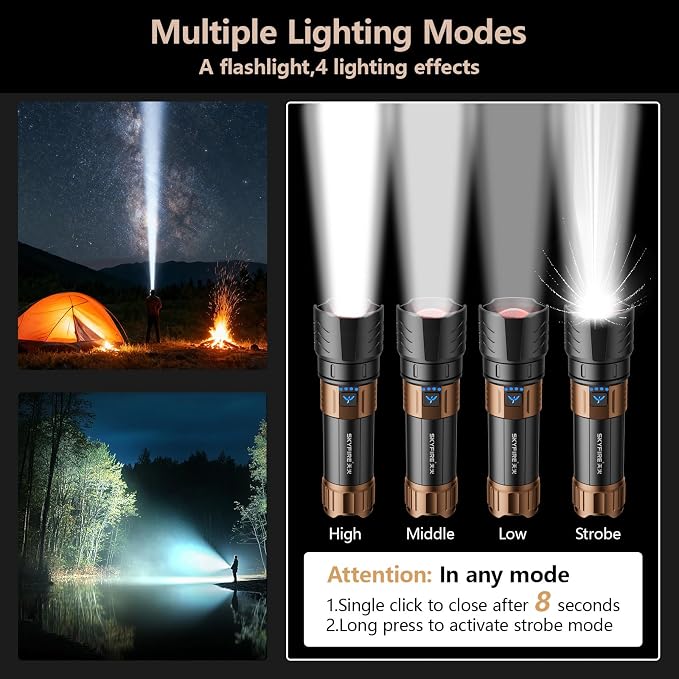 SKYFIRE Rechargeable Flashlights High Lumens Plus with Ignition Lens,Super Bright Flashlight,7500 Zoomable,Waterproof Tactical Flash Light for Camping Essentials Outdoor Home&Gifts-Upgraded
