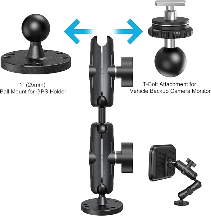 Kewirya Fish Finder & Ball Mount with Aluminum Long Arm Extension, AMPS Round Plate for GPS/Boats/Vehicle, T-Bolt Attachment for Track Systems & Backup Cameras, B Compatible with RAM
