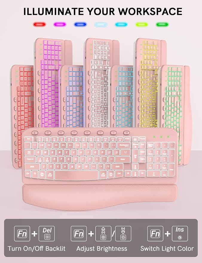 SABLUTE Wireless Keyboard and Mouse Combo Ergonomic - MA12Pro Wave Keyboard with Leather Wrist Rest for Comfortable Typing, RGB Backlit Rechargeable for Windows, Mac, PC, Laptop (Pink)