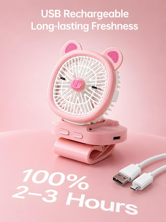 Personal Fan with Wrist Strap - Battery Operated, USB Rechargeable Fan Portable, LED Lights, 3 Adjustable Speed - Portable Fans for Kids Children Boys Girls Indoor Outdoor (Pink)