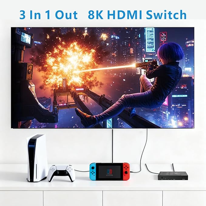 8K HDMI Switch 3 in 1 Out 4K@120Hz HDMI Switcher Support HDR10+, Dolby Vision, Dolby Atmos, VRR, ALLM, CEC