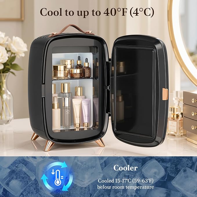 Electactic Mini Skincare Fridge with Dimmable LED Mirror, 6L Makeup Fridge Holds 8 Cans, 7° Lean-Back Mirror Design, Portable Cosmetic Refrigerator for Skincare, Beauty Products & Drinks, Black