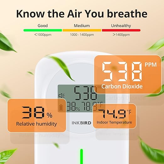 INKBIRD Air Quality Monitor Indoor Ndir 3 in 1 Meter | Detect Carbon Dioxide & Temperature & Humidity with Battery Powered | Sound System | for Home, Office, RV, Grow Tent (IAM-O2)