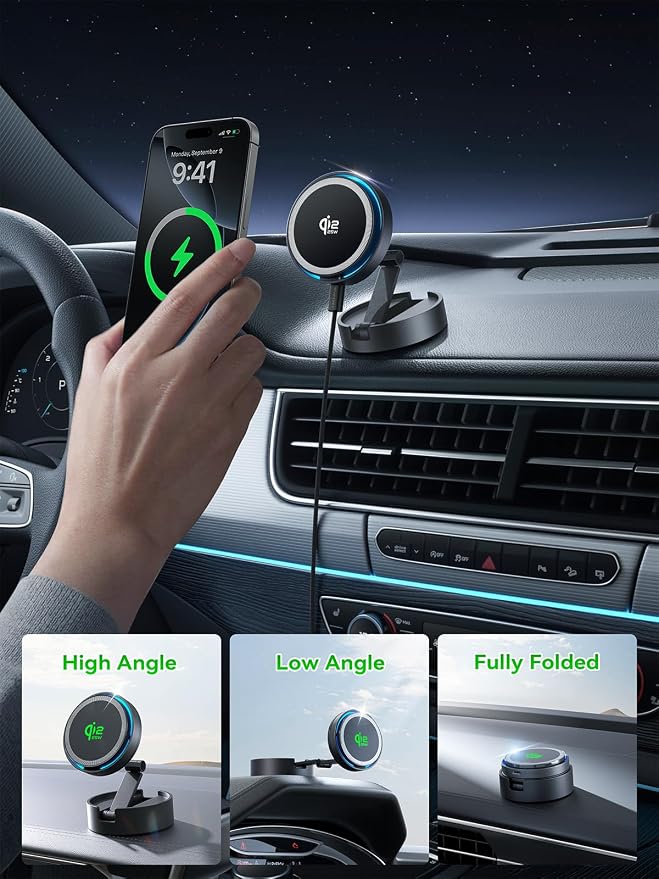 THREEKEY Qi2 25W Certified Magnetic Car Mount Charger Lite with Cooling Fan&LED Light, 360° Rotating Fast Wireless Charger & Phone Holder for iPhone 17-12, Galaxy S25-S26 | 30W Adapter Included