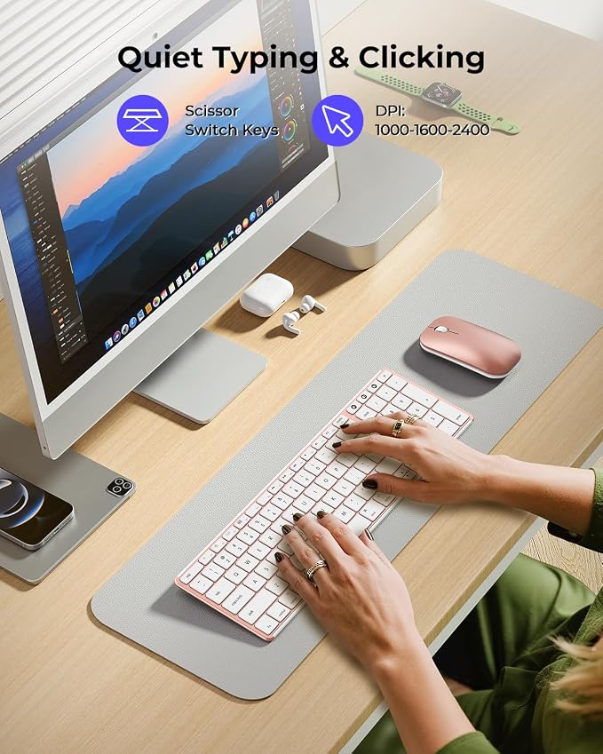 seenda Bluetooth Keyboard and Mouse Combo for Mac, SKM64-2 Rechargeable Silent Wireless Keyboard Mouse Compact Slim, 3 Multi-Device Connection, Compatible for Mac MacBook Pro/Air iPad, White Rose Gold