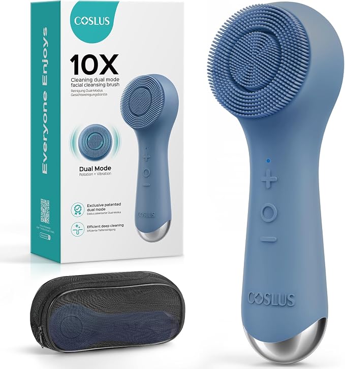 COSLUS FBS03 Face Scrubber Facial Cleansing Brush: 2 in 1 Spin and Vibration Patented, Silicone Electric Exfoliator Scrubber with Automatic Foaming, Waterproof Face Cleanser Brush (Navy Blue)