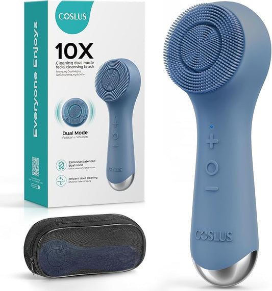 COSLUS FBS03 Face Scrubber Facial Cleansing Brush: 2 in 1 Spin and Vibration Patented, Silicone Electric Exfoliator Scrubber with Automatic Foaming, Waterproof Face Cleanser Brush (Navy Blue)