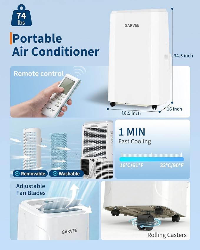 Garvee Portable Air Conditioners 14000 BTUs,1400W 850 Sq.Ft CEER 7.83