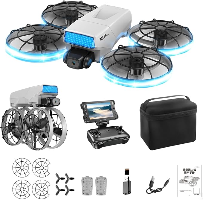HD Camera Drone with LED Body Lights Foldable Screen Controller Brushless Motor RC Quadcopter Headless Mode 360° Flips, Under 250g Lightweight Portable Drones for Adults Beginners Outdoor Travel Video