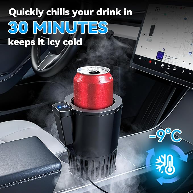 Auto Cooling and Heating Can Cooler for Car Cup Holder with Insulation Lid, Car Coffee Warmer 2 in 1 Cup Cooler & Mug Warmer, Portable Can Cooler 12V Fridge Travel Coffee Mug Quick Heating Cooling