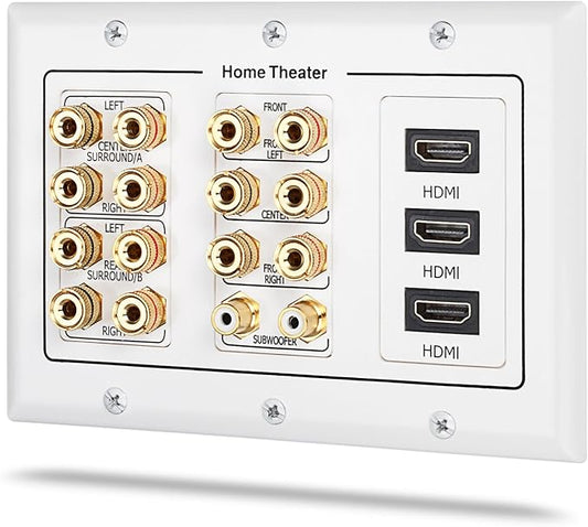 Fosmon 3 Gang Wall Plate, (3-Gang 7.2 Surround Sound Distribution) Home Theater Copper Banana Binding Post Coupler Type Wall Plated for 7 Speakers, 2 RCA Jacks for Subwoofers & 3 HDMI Ports