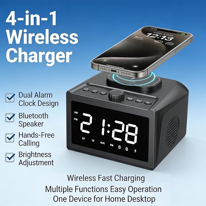 Multifunctional Wireless Charger, Wireless Charging Station with Time and Alarm Clock, Charging Dock with Bluetooth Speaker, 15W Wireless Fast Charging, All-in-One Charging Base,S31 Black.