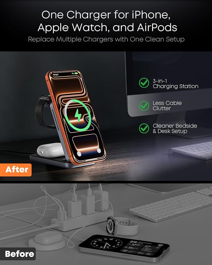 Qi2.2 25W 3-in-1 Foldable Magnetic Wireless Charger for iPhone, Night Light | Compatible with iPhone 17/16/15/14/13/12, Apple Watch & AirPods, 45W Adapter + 5A Cable, Case-Friendly up to 3 mm