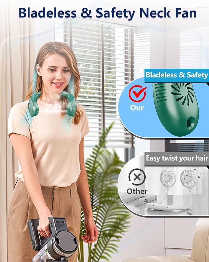 Misting Neck Fan that Blows Cold Air, USB-C Recargable 4-9H Long Life, 360° Airflow Lightweight without Blades, Mini Personal LED Cooling Device for Kid Adults Outdoor Travelling Office Home, Green