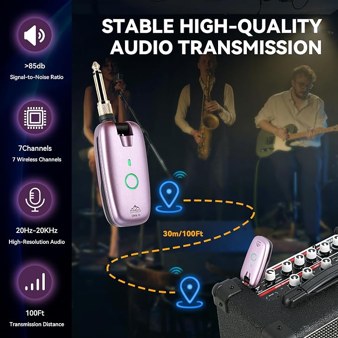 EASTROCK Wireless Guitar System, Guitar Transmitter & Receiver for Electric Guitar, Bass, Keyboard & More Instruments, 7-Channel Rechargeable, 6H Battery, 1/4” & 1/8” Plugs,Purple