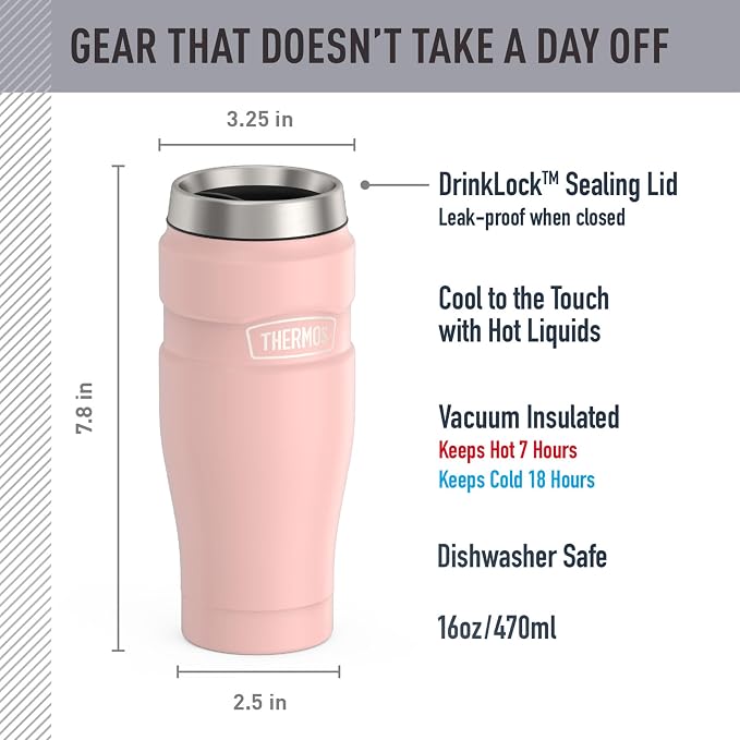 THERMOS Stainless King Vacuum-Insulated Stainless Steel Tumbler - 16oz, Matte Pink - Insulated Coffee Tumbler for Hot & Cold Drinks - Leak-Proof & Sweat-Proof for Commuting & Traveling
