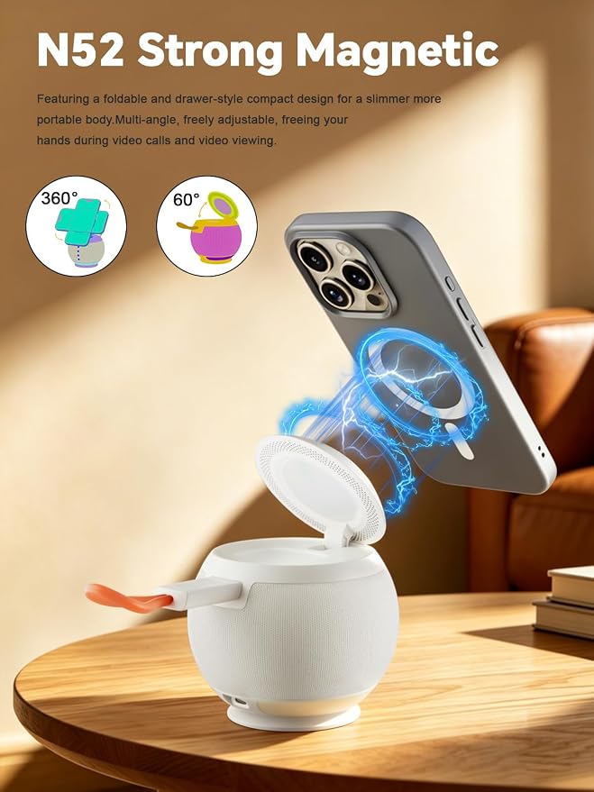 5 in 1 Wireless Charging Station with Bluetooth Speaker and Night Light, Magnetic Fast Charger Stand for iOS Phones, Smartwatch and Wireless Earbuds, Bedside Charging Station, White