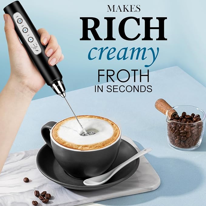 BSRGMS Milk Frother Handheld with Stand, Electric Whisk 3 Speed Adjustable, Drink Mixer with Stainless 3 Whisk, Rechargeable Hand Frother Wand, Foam Maker for Latte Cappuccino Hot Chocolate Egg Black