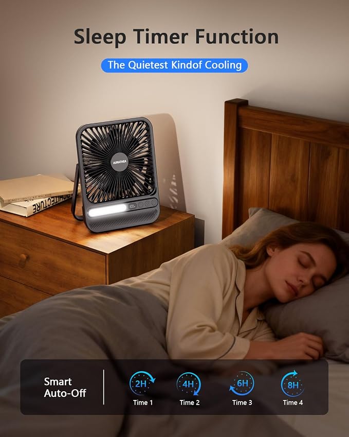 10000mAh Travel Fan, 7“ Portable Desk Fan, Ultra-thin Rechargeable Camping Fan with LED Light, Display, Timer for Camping, Office, Bedroom, Outdoor, Cruise Ship Essentials