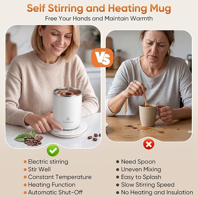 Self Stirring Coffee Mug, Self Heating Coffee Mug, Heated Cup with 3-Level Smart Temperature Control, Auto Shut-Off Electric Coffee Cup Warmer with Detachable Base, Gift for Family Friends (White)