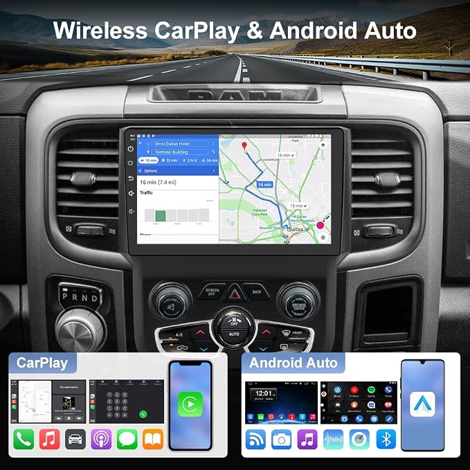 Car Radio Stereo for Dodge Ram 2013-2018 1500 2500 3500 Automatic AC with 4G RAM 64G ROM Wireless Carplay Android Auto 9 inch Head Unit with DSP Bluetooth GPS FM WiFi