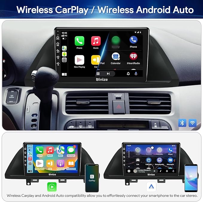 BINIZE Car Stereo Radio Compatible with Honda Odyssey 2005 2006 2007 2008 2009 2010, Wireless Carplay Android Auto Car Radio with Bluetooth, WiFi, USB, Backup Camera