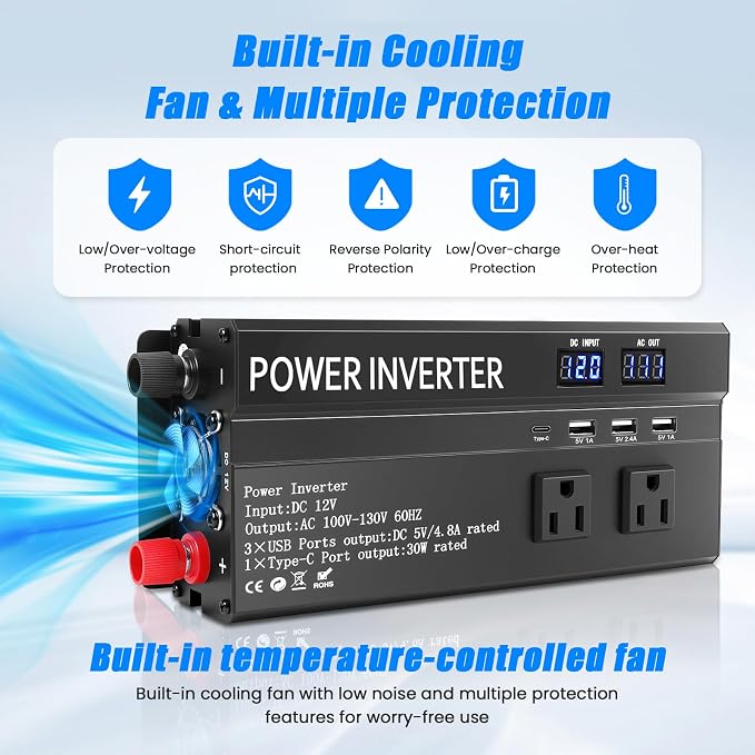 1200W Peak Power Inverter, Inverter 12v to 110v with Fast Charging 2.4A USB、Type-c and 3 AC Outlets Ideal,Power Converter Car for Road Trips, Camping, Rv, Truck, and Camping Power Needs