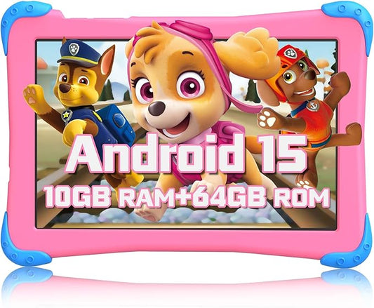 Fivahiva Kids Tablet 10 inch, Android 15 Tablet for Kids, 10GB RAM 64GB ROM, Octa-Core, 6000mAh, Ad-Free Content, Large HD IPS Display, WiFi 6, Dual Camera, Bluetooth 5.0 (Pink)