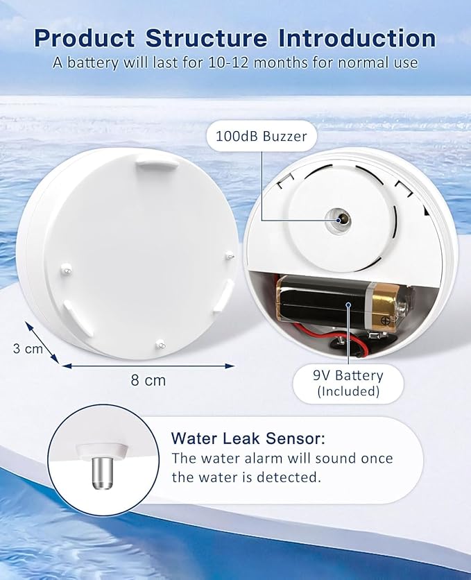 Geevon 5 Pack Water Leak Detectors, 100dB Water Sensor Alarms Flood Detector for Basements, Bathrooms, Laundry Rooms, Kitchens, Garages, and Attics, Water Alarms Battery-Operated (Battery Included)