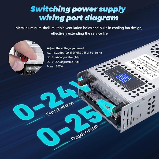 24V Adjustable dc Power Supply 600W,Switching Power Supply AC 110V/220V to DC 0-24V DC Converter with LED Digital Display, 5V 10V 12V 24V Buck Converter for 3D Printer,CCTV Computer Lab