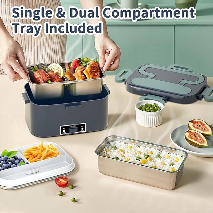Electric Heated Lunch Box for Adults with 2 Pack 1.8L Containers, ON/OFF Power Switch & 0.6L Double Layer, Portable 100W 3-IN-1 Fast Heating Food Warmer for Men, ,12V/24V/110V for Car Truck Office