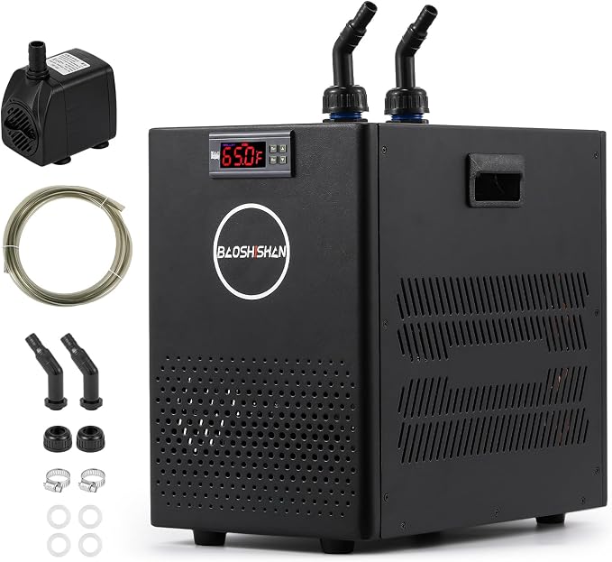 BAOSHISHAN Aquarium Chiller 26 Gallon 1/13 HP Water Cooling System | Quiet Compressor Refrigeration Aquarium Water Chiller, with Pump and Tubing, Ideal for 20-30 Gallon Axolotl Fish Reef Tank