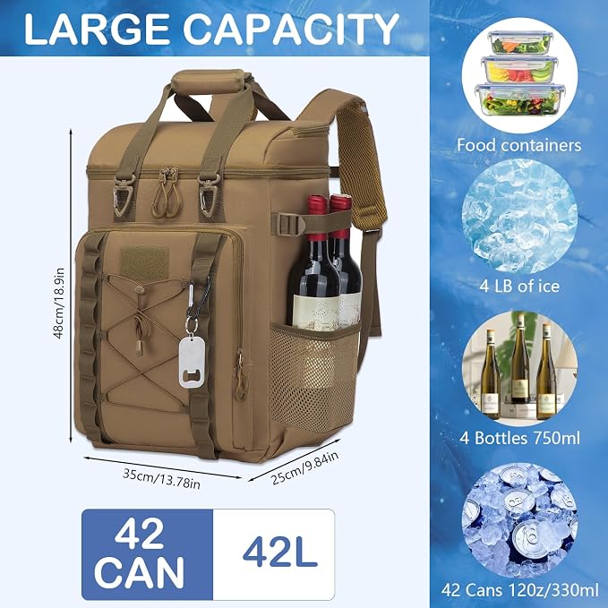Tactical Cooler Backpack - 42 Cans Backpack Coolers Insulated Leak Proof for Men & Women, Soft Cooler Insulated Backpack for Lunch, Work, Camping, Hiking, Picnic, Beach & Travel