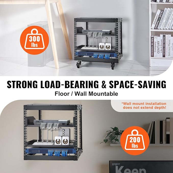 VEVOR 9U Open Frame Server Rack, 23''-40'' Adjustable Depth, Free Standing or Wall Mount Network Server Rack, 4 Post AV Rack with Casters, Holds All Your Networking IT Equipment AV Gear Router Modem