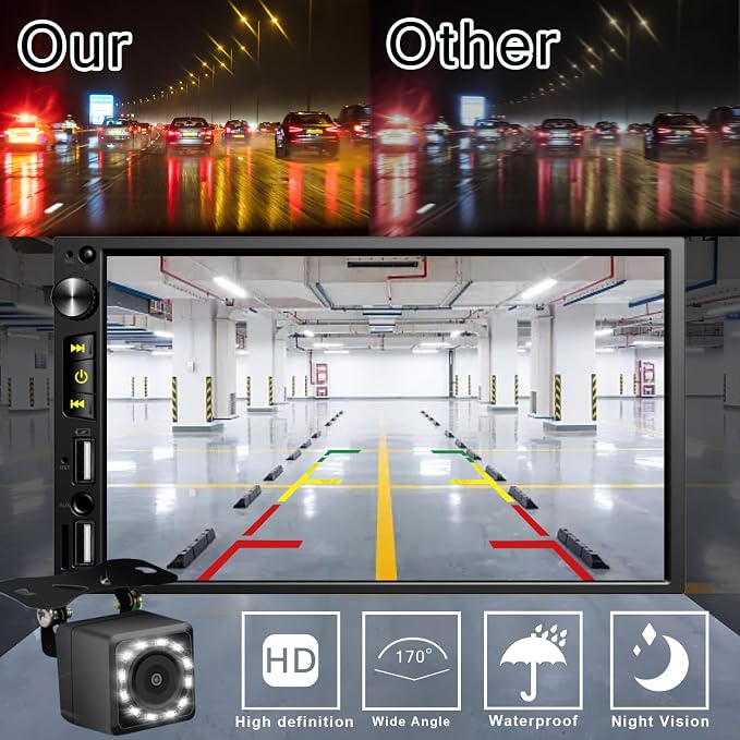 Wireless 7 inch Double Din Car Stereo with Apple Carplay,Car FM Radio | Bluetooth 5.1,Backup Camera,HD IPS 1024 * 600 Touch Screen,Mirror Lin,Build-in Mic/USB/AUX/Android Auto/SWC/Audio