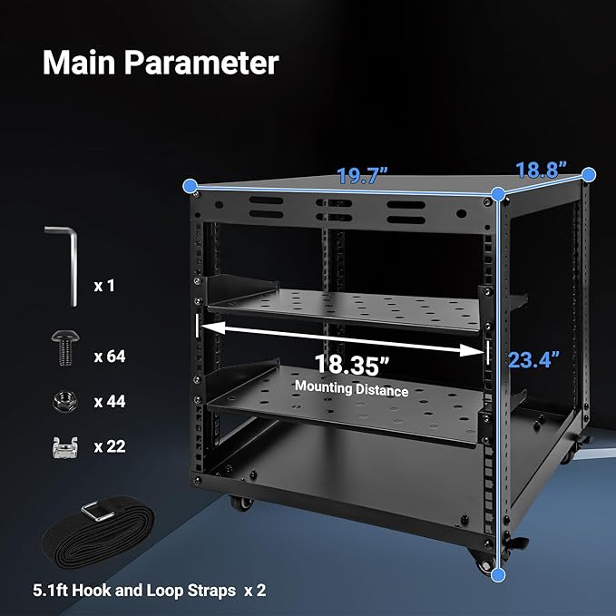 Upgraded 10U Server Rack - 19.7”L x 18.8”W x 23.4”H Open Frame Network Rack, Wall-Mountable & Freestanding with 4 Swivel Casters & 2 Shelves, for Computer/Data/IT/Stereo Equipment, New Model