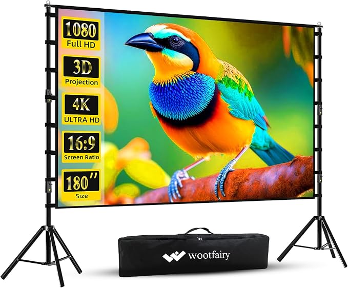Wootfairy 180inch Projector Screen with Stand: Portable Wrinkle-Free Screen | Foldable 16:9 4K HD Front Rear Projection Movie Screen with Carry Bag for Indoor Outdoor Backyard Family Live Sports Night