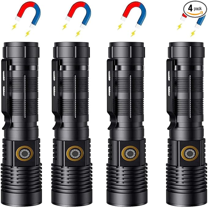Hoxida Rechargeable Flashlights High Lumens - 1500 Meters Long Beam Super Bright LED Magnetic Flashlight USB Zoomable 5Modes Small Long Beam Spotlight Flashlight for Hiking, Camping, 4pcs